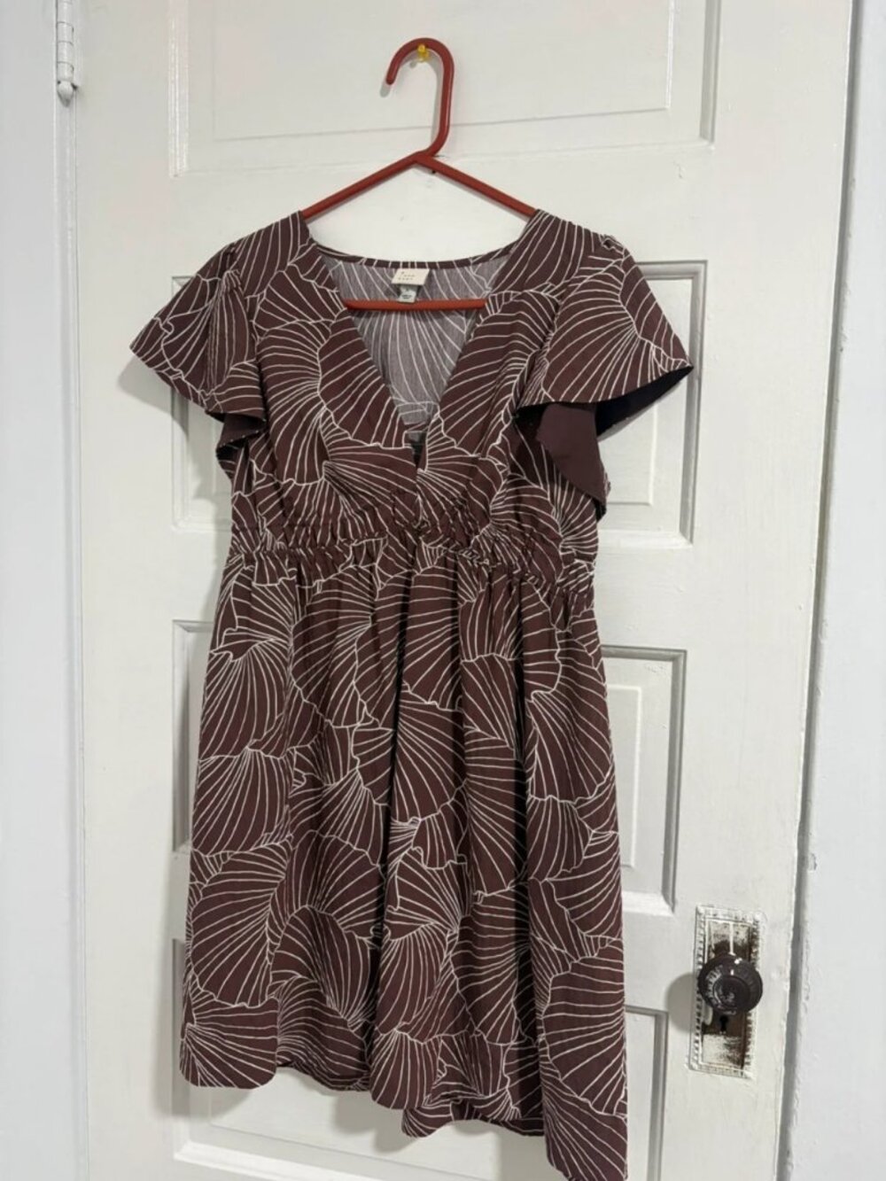 Women’s Brown Floral Leaf Print Summer Dress with Ruffle Sleeves M